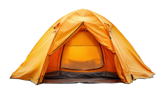 Bright orange camping tent on transparent background for outdoor adventure and travel design isolated cutout illustration