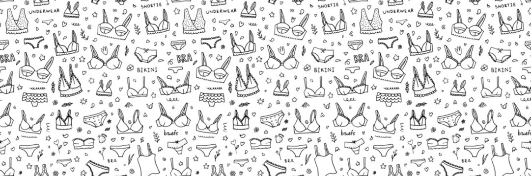 Seamless hand drawn lingerie pattern with bras, panties, bikinis and cute doodles. Black and white outline underwear design for fashion textiles, wrapping paper, fabric prints, backgrounds, branding