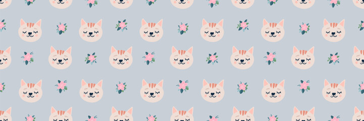 Cute cat pattern with spring flowers creates charming seamless vector design. Sweet vector illustration ideal for baby textiles, kids wallpaper, or trendy childish prints with cartoon kittens.