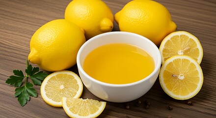 Fresh lemons and yellow liquid in white bowl on wooden table citrus fruit
