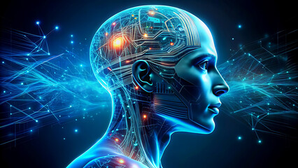 Artificial intelligence concept with a human head and circuit board digital brain illustration for technology and future innovation on a dark blue background