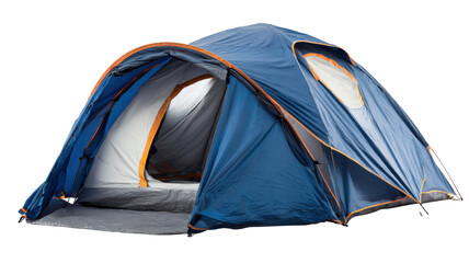 Blue dome camping tent with open entrance on transparent background for outdoor adventure and travel design