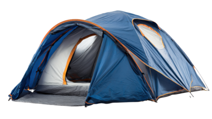 Blue dome camping tent with open entrance on transparent background for outdoor adventure and travel design