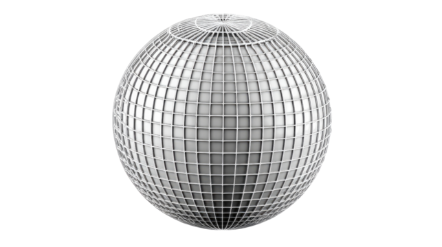 Silver Grid Sphere: A mesmerizing and intricately designed silver sphere, composed of a precise grid pattern that reflects light in a captivating display.