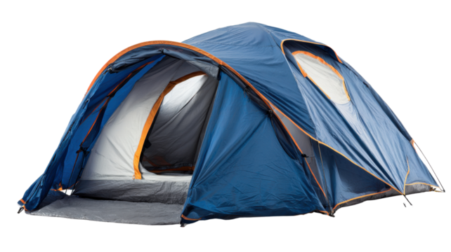 Blue dome camping tent with open entrance on transparent background for outdoor adventure and travel design