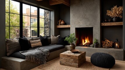 Cozy living room interior with fireplace, window, and comfortable seating arrangement