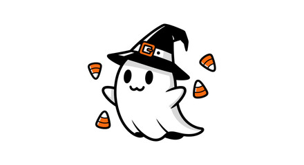 Adorable halloween ghost with a witch hat surrounded by candy corn illustration