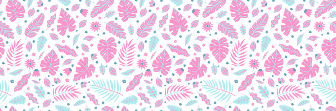 Tropical floral seamless pattern with exotic leaves and flowers. Seamless jungle design for fabric, wallpaper. Vibrant botanical illustration with palm foliage, perfect summer print. Vector background