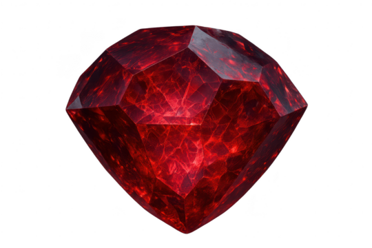 Glowing red faceted gem with fiery texture, isolated on transparent background