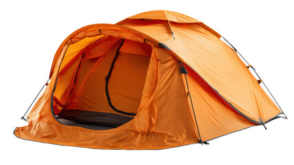 Orange camping tent for outdoor adventure, hiking, and travel, providing portable shelter for tourism, isolated on transparent background
