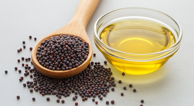 Wooden spoon filled with mustard seeds next to bowl of golden oil brown seeds cooking oil