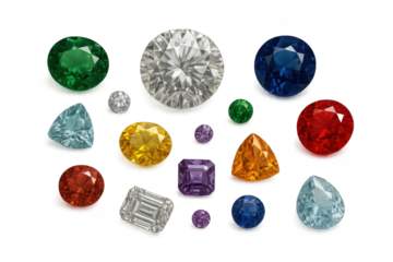 Assortment of vibrant colorful precious gemstones and diamonds isolated on transparent background