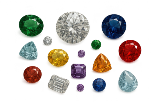 Assortment of vibrant colorful precious gemstones and diamonds isolated on transparent background
