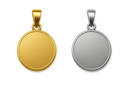 Two blank gold and silver round pendants, isolated on transparent background.