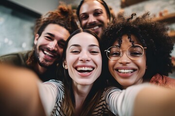 Fototapeta premium Diverse group of young adults taking a selfie together indoors