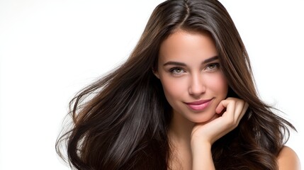 Fototapeta premium A young woman with stunning long hair smiling confidently. The image captures her beauty with a focus on her expressive eyes and the flow of her hair