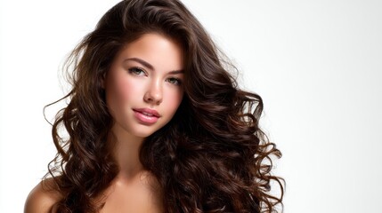 Naklejka premium A beautiful woman with long, flowing brown hair, gazing at the viewer with a gentle expression