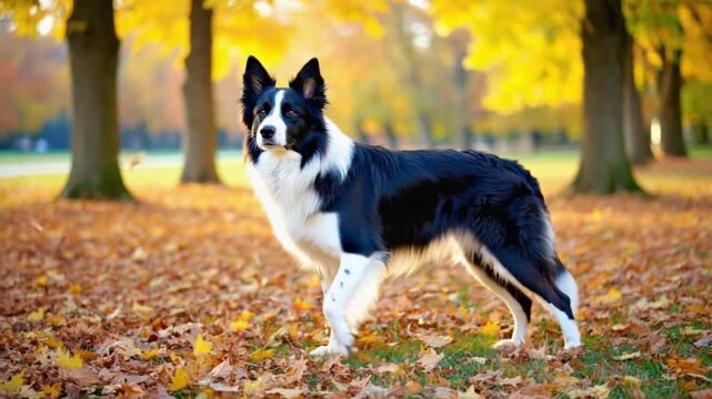 Border collie standing alert in autumn leaves with yellow trees in the background scene outdoors dog video
