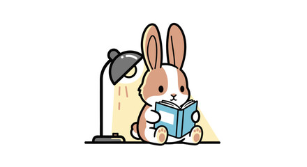 Cute bunny reading a book under a desk lamp illustration for children education material