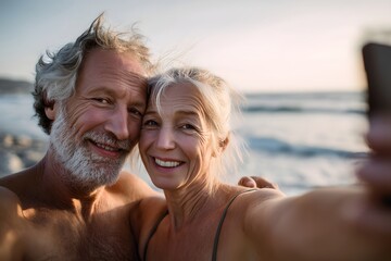 Happy older couple taking selfie at the beach during daytime hours near the ocean
