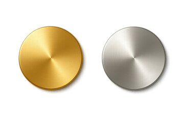 Gold and silver brushed metal round buttons isolated on transparent background