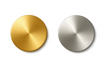 Gold and silver brushed metal round buttons isolated on transparent background