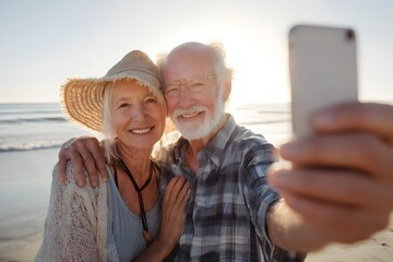 Senior couple takes a selfie at the beach on a sunny day with ocean in background
