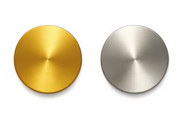 Gold and silver brushed metal blank discs isolated on transparent background