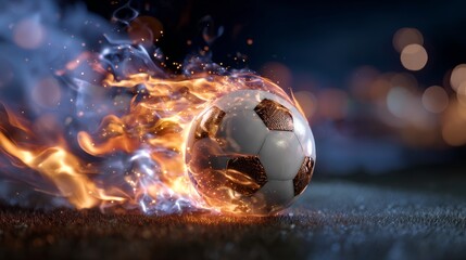 A soccer ball with a trail of fire in motion. It suggests speed, power, and the excitement of a match.