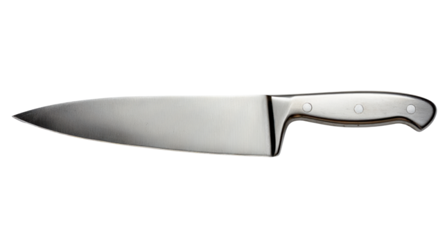 Professional chef knife with sharp stainless steel blade and riveted handle on a transparent background