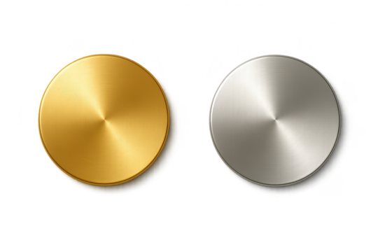 Gold and silver brushed metal round buttons isolated on transparent background