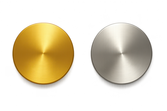 Gold and silver brushed metal blank discs isolated on transparent background - Powered by Adobe