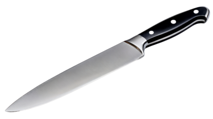 Chef knife with sharp stainless steel blade and black handle, kitchen cooking utensil on transparent background