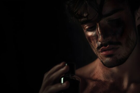 Dramatic portrait of a sensual man contemplating his fragrance in the darkness