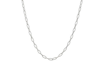 Sturdy silver chain with interconnected oval links, hanging on transparent background.