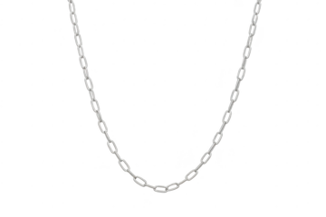 Sturdy silver chain with interconnected oval links, hanging on transparent background.
