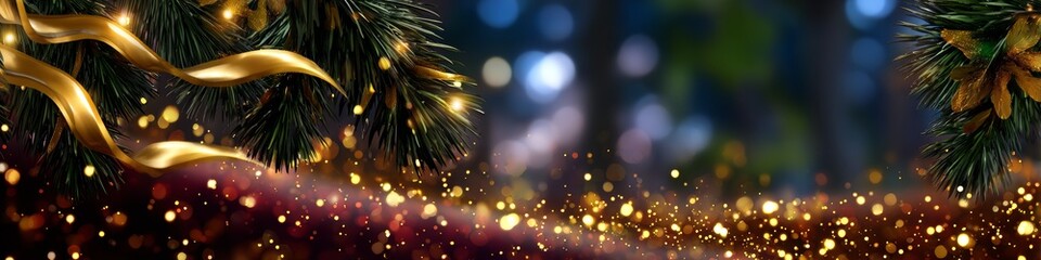 Elegant Christmas decorations, with shimmering golden ribbons and lights adding a touch of holiday magic and joy