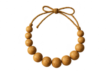 Natural wooden bead circle with twine bow, isolated on transparent background, rustic decor