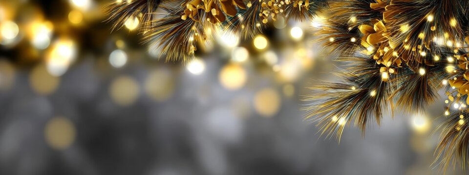 Festive holiday lights and decorations. Pine needles and glowing lights create a warm, inviting atmosphere for the holiday season. The bokeh effect provides a soft background.