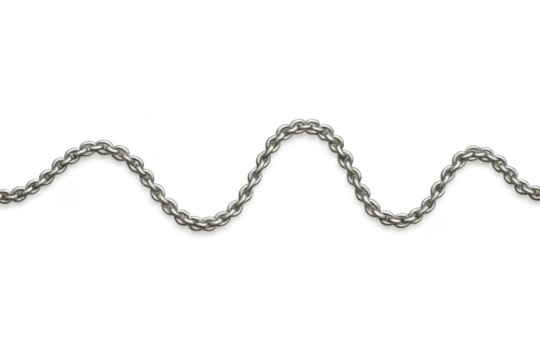 Shiny silver metal chain forming a wavy pattern isolated on transparent background