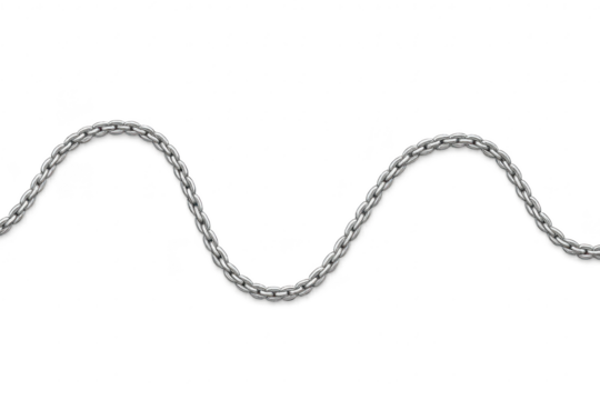 Silver metallic chain in a wavy S-shape, isolated on a transparent background