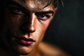 Intense gaze of a young man with striking blue eyes in a dramatic close-up