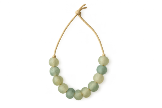 Frosted blue beige glass beads on cord, isolated, transparent background.