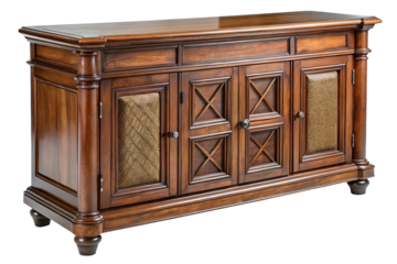 Antique ornate wooden sideboard with carved details and decorative metal inlays isolated on transparent background