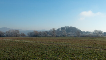Rural winter misty European sunrise landscape with frosty trees, field and mountains