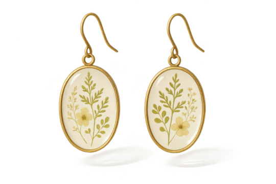 Gold earrings with pressed flowers, isolated on transparent background.