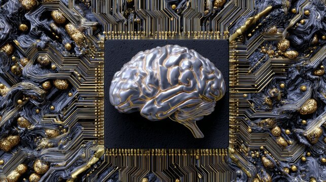 A metallic brain displayed on a circuit board, symbolizing intelligence and technological advancements. The image conveys concepts of artificial intelligence, innovation and the future