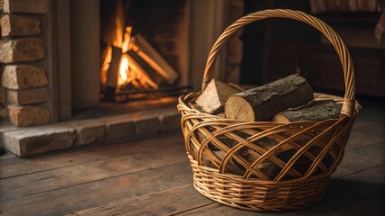 A close-up of a honey-colored basket filled with golden-brown logs, glowing by warm fireplace light. Soft shadows and diffused lighting emphasize texture and create a cozy, rustic atmosphere
