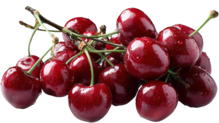 Fresh bright red cherries with water drops on stems, ripe sweet fruit for healthy eating and summer dessert, transparent background