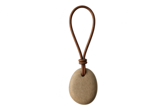 Smooth beige stone pendant on a brown leather cord, isolated on transparent background